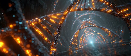 Abstract DNA Helix Tunnel with Orange and Blue Lights