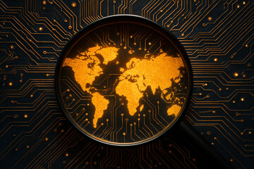 Explore global connections with a magnifying glass highlighting a vibrant world map, ideal for technology, business, and international themes with a modern circuit board design