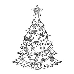 A detailed, outlined drawing of a festive Christmas tree adorned with ornaments, candy canes, holly, and star-shaped decorations.