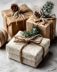 Holiday shopping flat lay: unbranded gift boxes, silk ribbons, pine sprigs, kraft paper, premium scissors and twine, clean off-white backdrop with generous