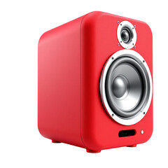 Obraz premium Red Speaker with Modern Design transparent background: A vibrant red speaker with a sleek, modern design, showcasing a prominent silver-colored woofer and tweeter