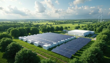 Large solar panel array and wind turbines operate on green landscape. Modern energy farm with clean power generation equipment near forest and fields. Sustainable future tech.