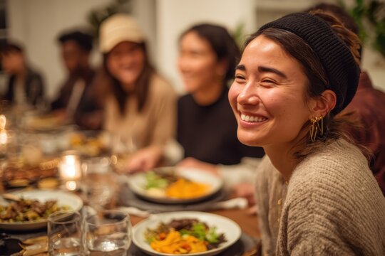Inclusive friends dinner: multi-cultural table, laughter, plant-forward dishes, cozy apartment lighting, candid warmth 