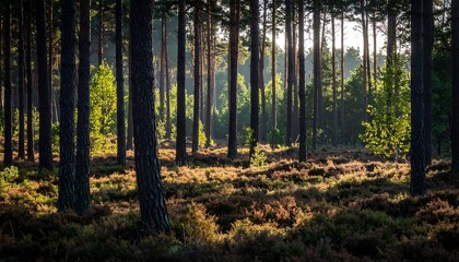 Fototapeta premium Sunlit Forest - A Serene Woodland Scene with Towering Trees.