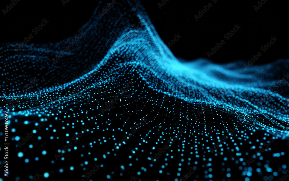 Poster abstract blue particles forming a wavy pattern in cyberspace