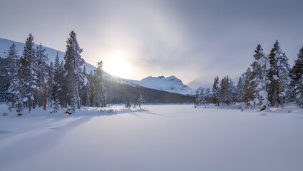 Scenic winter landscape with snow covered trees and mountains backdrop