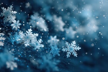 Minimal snowflake bokeh: cool white bokeh on deep blue gradient, winter mood, clean overlay zone --no text,logo,watermark,brand