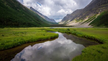 Serene mountain valley with river reflecting sky in Glacier National Park
