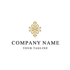 Elegant golden ornate scrollwork logo design with placeholder text for company name and tagline on a white background.