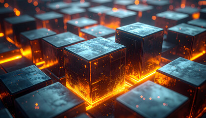 Digital Cubes of Innovation: A network of futuristic cubes, aglow with vibrant light, symbolize the cutting-edge technology and interconnectedness of the digital age.