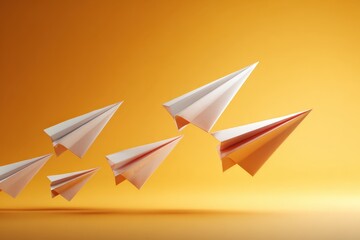 Playful business metaphor: paper planes morphing into digital arrows mid-flight, shallow depth, warm side light, concept of growth and transition, clean gradient background 