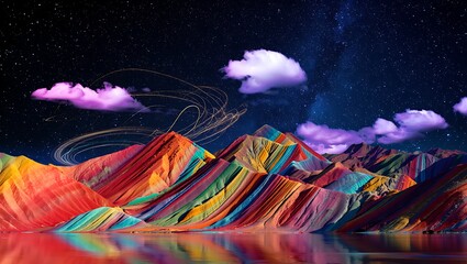 Spectacular Rainbow Mountains Reflecting in Water with Starry Sky Above