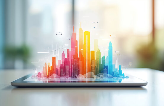 Tablet displays colorful city skyline with building icons. Digital tech solutions for construction, design, realty. Urban town planning on pad device. Smart city, building innovation tech.