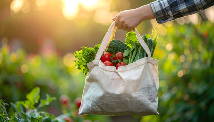 Fresh Produce in Hand: A sunlit scene captures the essence of freshness, showcasing a hand gracefully holding a reusable bag brimming with vibrant, wholesome vegetables.