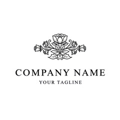 Elegant floral logo design featuring a central rose and flanking buds, ideal for a beauty or fashion brand.