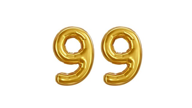 Number 99 golden inflatable foil balloons. Bright party decoration. Ninety nine years on white background