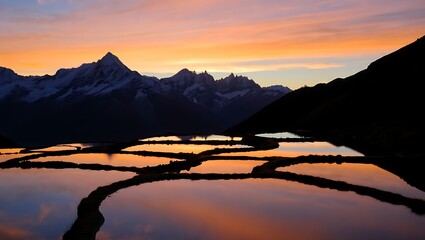 Stunning mountain range reflecting in terraced pools during twilight hour