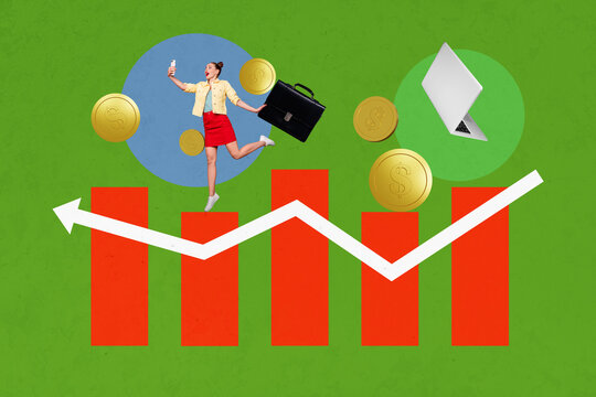 Sketch image artwork composite 3D photo collage of young lady run selfie phone laptop arrow way charts graphics trader success goal income - Powered by Adobe