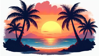 Fototapeta premium Palm trees frame a vibrant sunset over the ocean. Gentle waves lap the sandy shore. Silhouettes contrast warm sky and cool water. Peaceful tropical island escape.