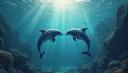Fototapeta premium Two dolphins swim underwater near coral reef and rocks. Sun rays shine through ocean surface illuminating sea life. One dolphin looks at another. Marine biology underwater scene.