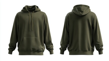 Front and back view of a green hooded sweatshirt with a zipper and pocket, isolated on white background