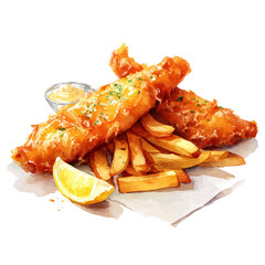 Fish And Chips in watercolor style, vector illustration, isolated on white background.
