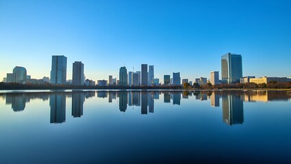 Tranquil cityscape reflected in serene lake under clear blue sky