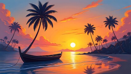 Tropical beach paradise at sunset with boat and palm trees