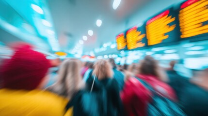 Busy train station during rush hour with commuters moving quickly