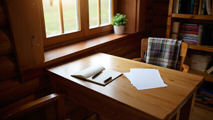 Cozy rustic study desk natural light writing pens