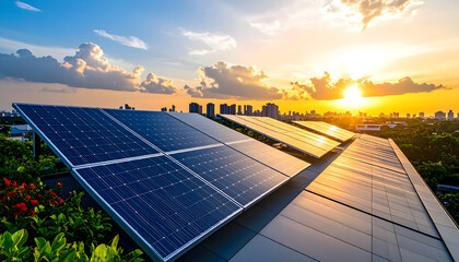 Solar Panel Oasis: Captivating scene where solar panels soak up the sun's golden rays, set against a stunning sunset silhouette. The perfect image for solar power, renewable energy. 