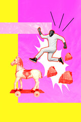 Exclusive image art pop trend collage of excited man run vintage horse toy circus play toy spring summer walk unicorn travel