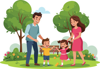 Happy family in park, parents playing with children, outdoor fun, green nature, cheerful bonding, joy, weekend, lifestyle, smiling faces, love