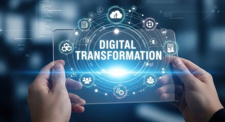 Hands holding a futuristic digital interface showcasing digital transformation with glowing data icons and global connectivity