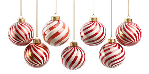 Seven red and white striped christmas ornaments hanging isolated on transparent background, festive and decorative