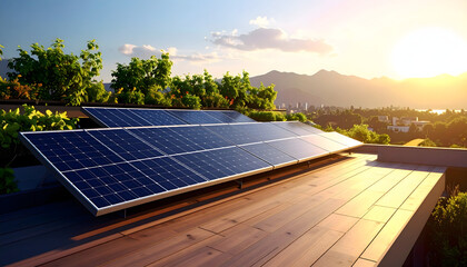 Solar Panel Array with Mountain Vista: Solar panels, generating clean energy, are strategically positioned on a rooftop.  The vista encompasses rolling hills, lush trees.