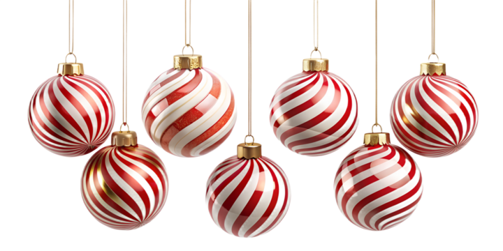 Seven red and white striped christmas ornaments hanging isolated on transparent background, festive and decorative