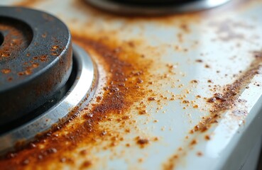 Grubby dirty stove top surface with grease residue and burnt food stains. Close-up shot of a messy kitchen appliance with a rusty heating element. Unclean cooking area shows neglect.