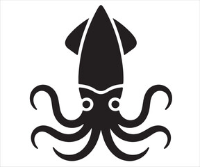 Black squid silhouette with long tentacles isolated on white background, marine animal vector icon for seafood, ocean wildlife, underwater creatures, aquatic life design, nautical symbol illustration