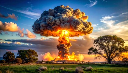 A vast mushroom cloud erupts, consuming the horizon with intense heat and smoke, amidst a vibrant sunset sky. Green fields and trees are in the foreground