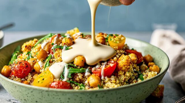 Pouring tahini dressing over a bowl of couscous salad with chickpeas, Healthy quinoa salad bowl with chickpeas and tomatoes drizzled with dressing, 4k video