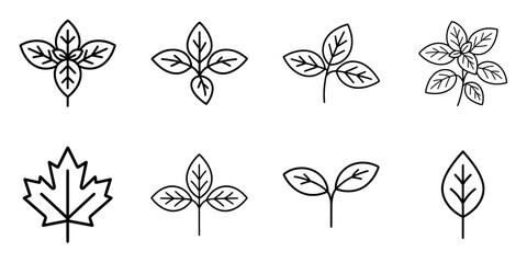 Minimalist leaf outline icons, eco botanical plant symbols for nature and organic design