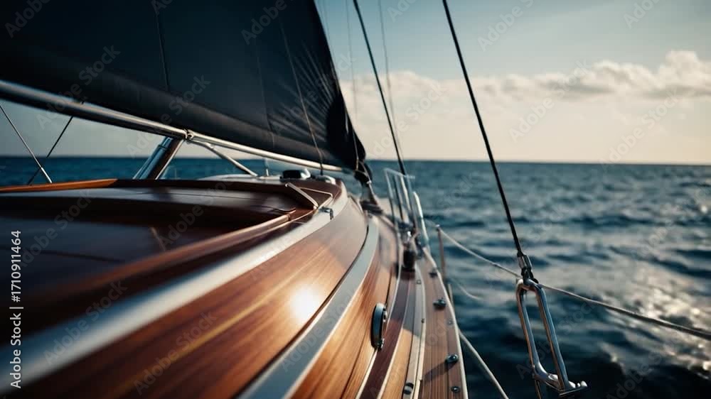 Poster a serene scene of the open ocean viewed from a sailboat, perfect for use in travel or adventure cont