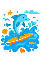 Obraz premium A captivating illustration featuring a joyful blue cartoon dolphin expertly riding an orange surfboard atop vibrant blue waves, surrounded by glowing starfish, playful fish, sparkling bubbles, and shi