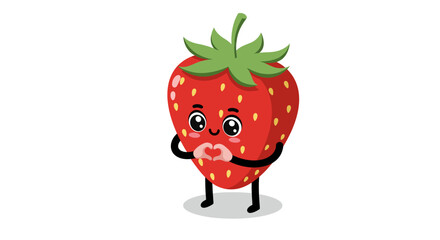 Adorable strawberry character with heart hands and big eyes on white background