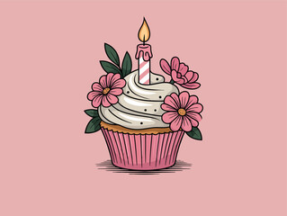 A beautifully decorated cupcake, adorned with pink frosting, fresh flowers, and a lit candle, takes center stage.