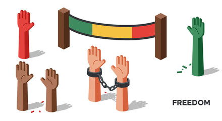 Hands breaking chains and barriers: isometric symbol of freedom and liberation