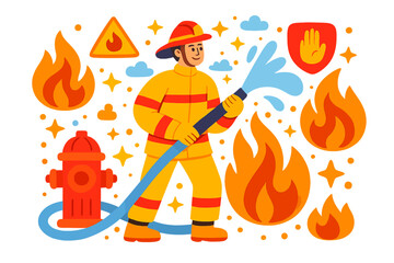 Firefighter fighting fire with hose. Fire safety illustration featuring a red hydrant, flame warning sign, and a stop shield. Depicts heroic emergency response, fire prevention, and community protecti