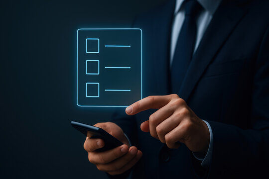 Businessman using mobile app, checklist interface, digital task management, modern technology, professional, serious mood, dark background.