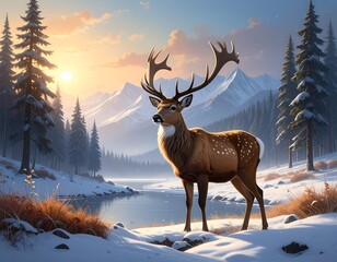 Winter wonderland deer serenely standing by a tranquil lake
